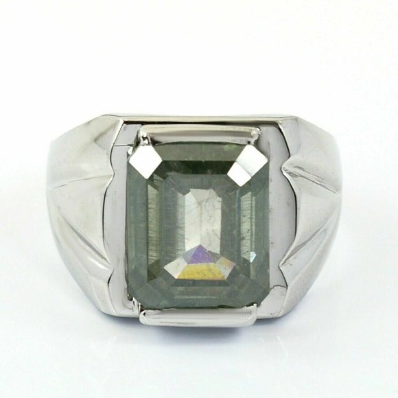 Mens Hand Made Sterling Silver Emerald Cut Blue Diamond Ring 8.3 Cts